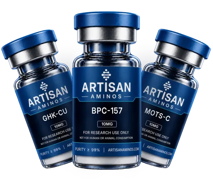 Artisan Aminos research vials — GHK-Cu, BPC-157 and MOTS-C, for research use only